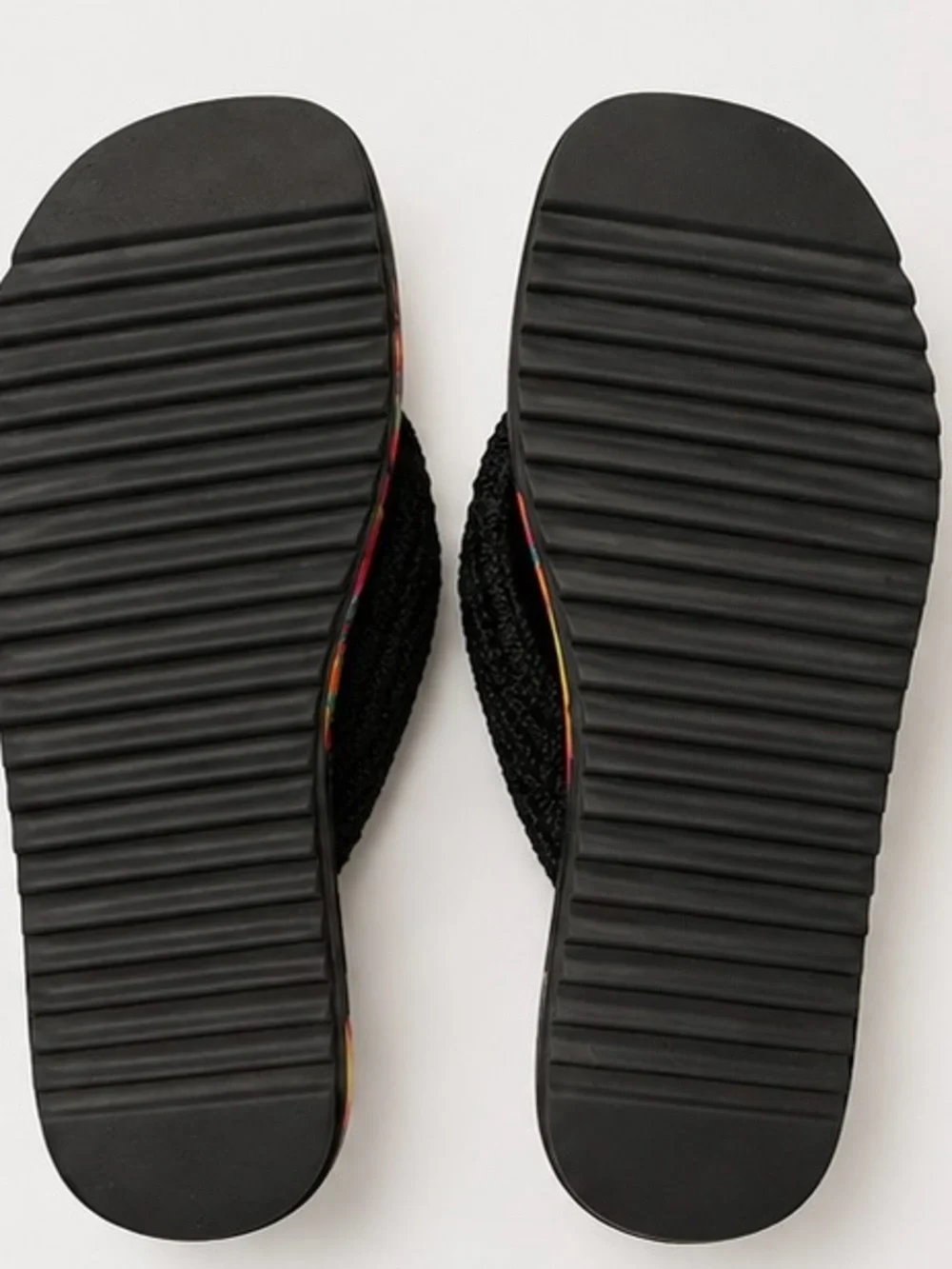 FARM Rio Black Knit-Striped Floral-Print Flip Flops